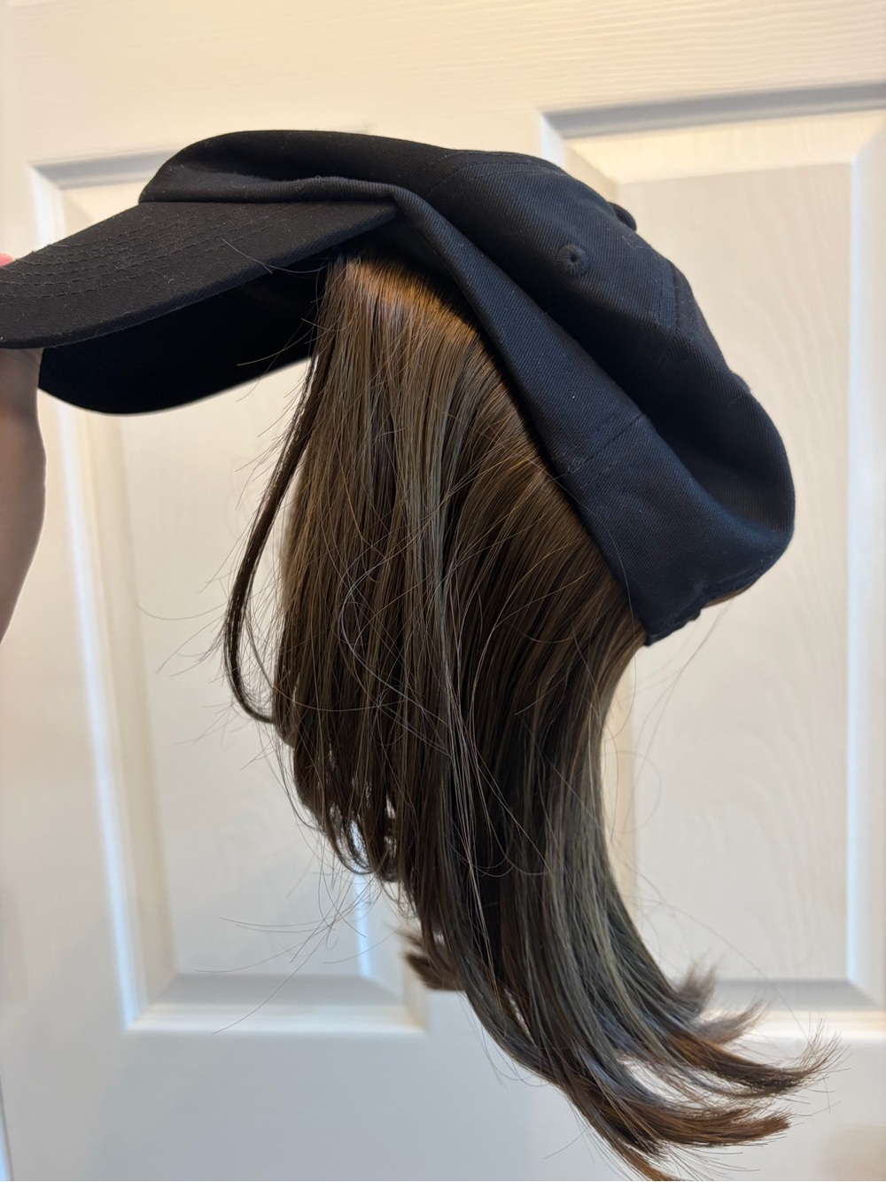 Black Baseball Cap with Built in Wig